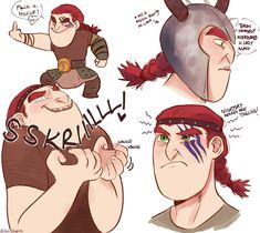 some cartoon characters with different expressions on their faces and hair, one is wearing a viking helmet