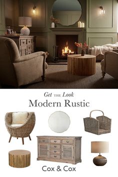 a living room filled with furniture and a fire place next to a mirror on the wall