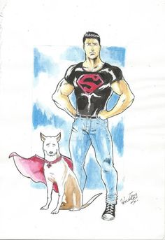 a drawing of a man standing next to a dog wearing a superman t - shirt
