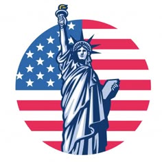 the statue of liberty in front of an american flag circle with stars and stripes on it