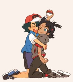 two cartoon characters hugging each other with one being hugged by the other while another is holding an object