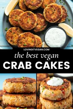 crab cakes on a plate with lemon wedges and cream in the middle, topped with parsley