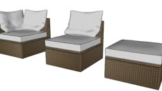 three wicker chairs with white pillows sit next to each other on a white background