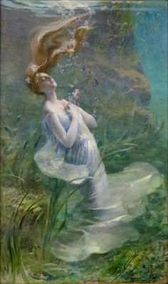 a painting of a woman floating in the water