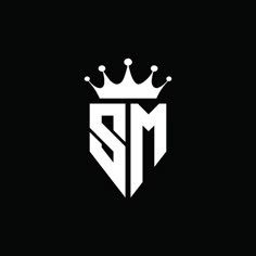 the letter m with a crown on top is shown in this black and white logo