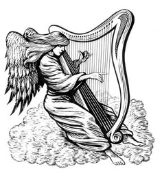 an angel sitting on the ground playing a harp