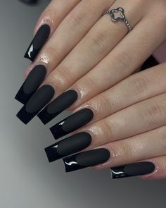 And I go back to black 🖤 #nails #nailsstrasbourg #frenchnails #nailart #nailartstrasbourg #onglesstrasbourg #ongles #3Dnails #prothesisteongulaire Xxxl Acrylic Nails Black, Long Matte Black Acrylic Nails, Black Acrylic Nails Tapered Square, Matte Black French Tip, Black Matte Acrylics, Black On Black French Tip Nails, Black On Black Nails French, Xxl Black Acrylic Nails, Xxl Black Nails