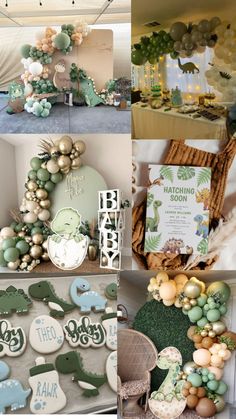 a collage of photos with balloons, decorations and other items for a baby's first birthday
