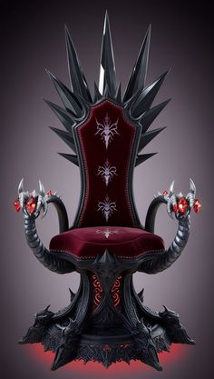 a red chair with black and silver decorations on it's back legs, sitting in front of a dark background