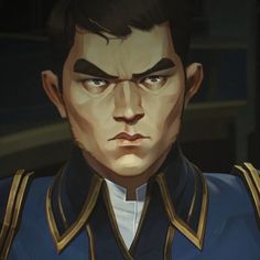 a close up of a person wearing a uniform and looking at the camera with an evil look on his face