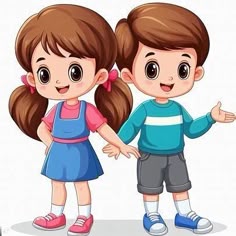 two kids standing next to each other with their hands out and pointing at the viewer