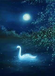 a painting of a swan floating in the water at night