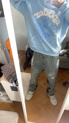 sp5der Spi5er Hoodie Outfit, How To Style Sp5der Hoodie, Light Blue Sp5der Hoodie Outfit, Sky Blue Sp5der Hoodie Outfit, Sp5der Outfit, Sp5der Slate Grey, Sp5der 555 Hoodie, Sp5der Beluga Hoodie Grey, Sp5der Hoodie Outfit