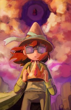 a woman in a hat and glasses standing under a cloudy sky