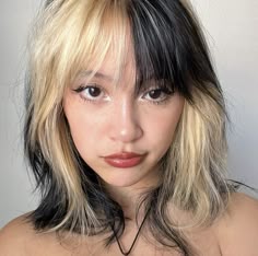 Quarter Hair Color, Platform Hair, Shag Medium Haircut, Short Hair Two Colors, Hair Color Inspo Aesthetic, Iconic Hair Color, Simple Hair Colors, Color Block Hair Dye, Grungy Haircuts Women