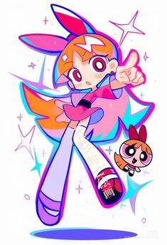 an image of a cartoon character with pink hair and blue eyes, flying through the air