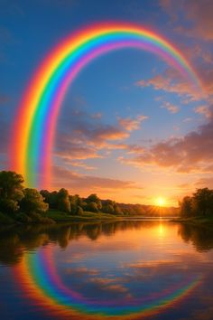 a rainbow is reflected in the water at sunset