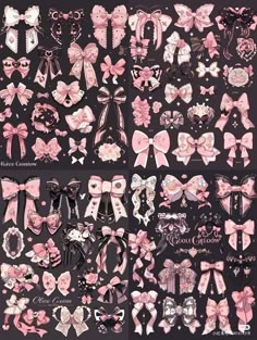 an assortment of pink and white bows on a black background with text that says,