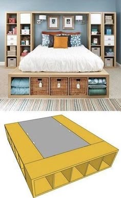 an image of a bed with storage drawers in the bottom and bottom part on the bottom