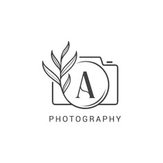 the logo for a photography studio, with leaves on it and an initial letter in the middle