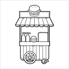 a black and white drawing of a food cart with a hamburger on it's roof