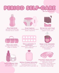 here are some tips on how to take care of yourself during your period 🩷 follow me on IG: @/thepinkroutine Healthy Period, Period Hacks, Period Kit, Girl Tips, Body Care Routine, Glow Up Tips, Self Care Activities, Body Skin Care Routine, Health And Beauty Tips