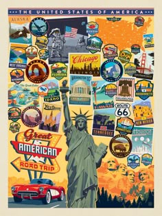 the statue of liberty is surrounded by many stickers