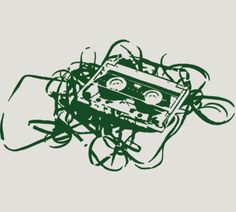 a drawing of an old school tape recorder in green ink on a gray background with the words,'music is life '