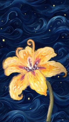 a painting of a yellow flower in the middle of water with stars and swirls around it