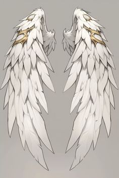 two white angel wings with gold accents on them, facing to the left and right