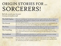 an old book page with the text origin stories for sorcers