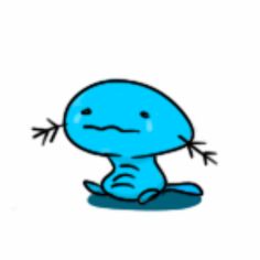 a blue cartoon character sitting on the ground with his eyes closed and hands behind him