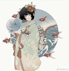 an anime character holding a plate with fish on it's sides and flowers in her hair