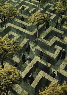 an aerial view of people walking through a maze