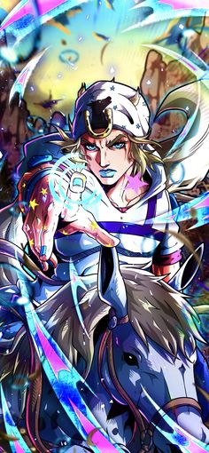 an anime character riding on the back of a horse with blue and pink streaks around it