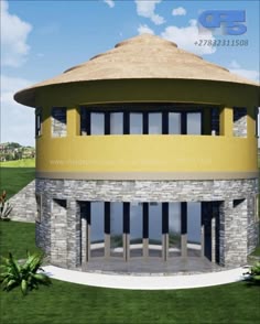 an artistic rendering of a round house with stone and grass on the outside, surrounded by palm trees
