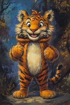 a painting of a tiger standing on its hind legs in front of trees and bushes