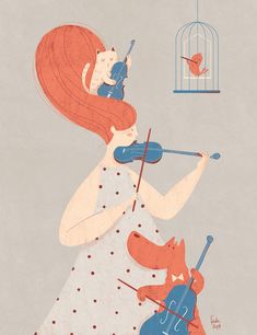 an illustration of a woman playing the violin with a dog and bird cage in the background