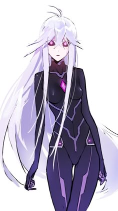 an anime character with long white hair and blue eyes, wearing black catsuits