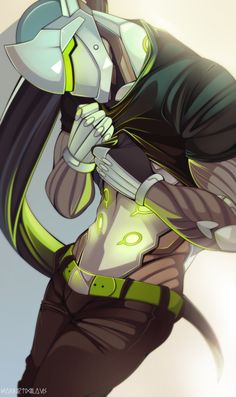 an anime character is holding her arm around her body and wearing armor with glowing eyes