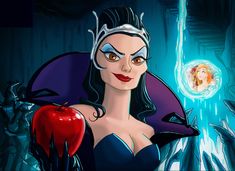 the evil queen is holding an apple in her hand