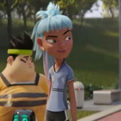 two cartoon characters standing next to each other