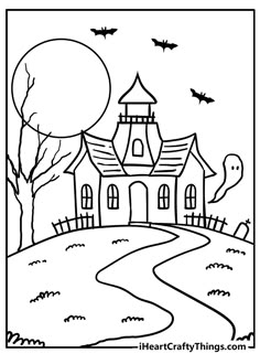a halloween scene with a house and bats