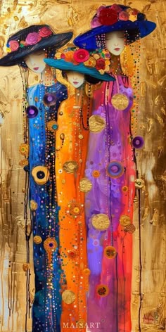 two women with hats and beads on their heads are standing in front of a gold background