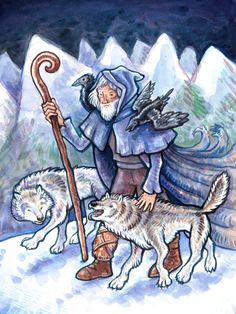 a painting of an old man with two dogs