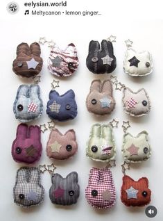 a bunch of small animal key chains on a white surface with words written below them