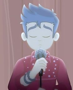 a man with blue hair holding a microphone in his hand and wearing a red shirt