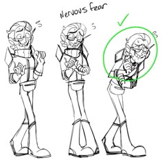 three sketches of various characters from the cartoon network's upcoming animated series, nervous fear