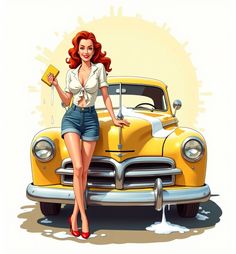 Pin-up style woman with red hair and sponge leaning against vintage yellow car, smiling, with soap and bubbles around.