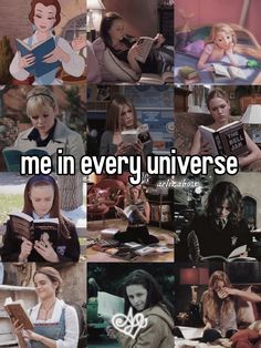 collage of photos with the words me in every universe and images of women reading books